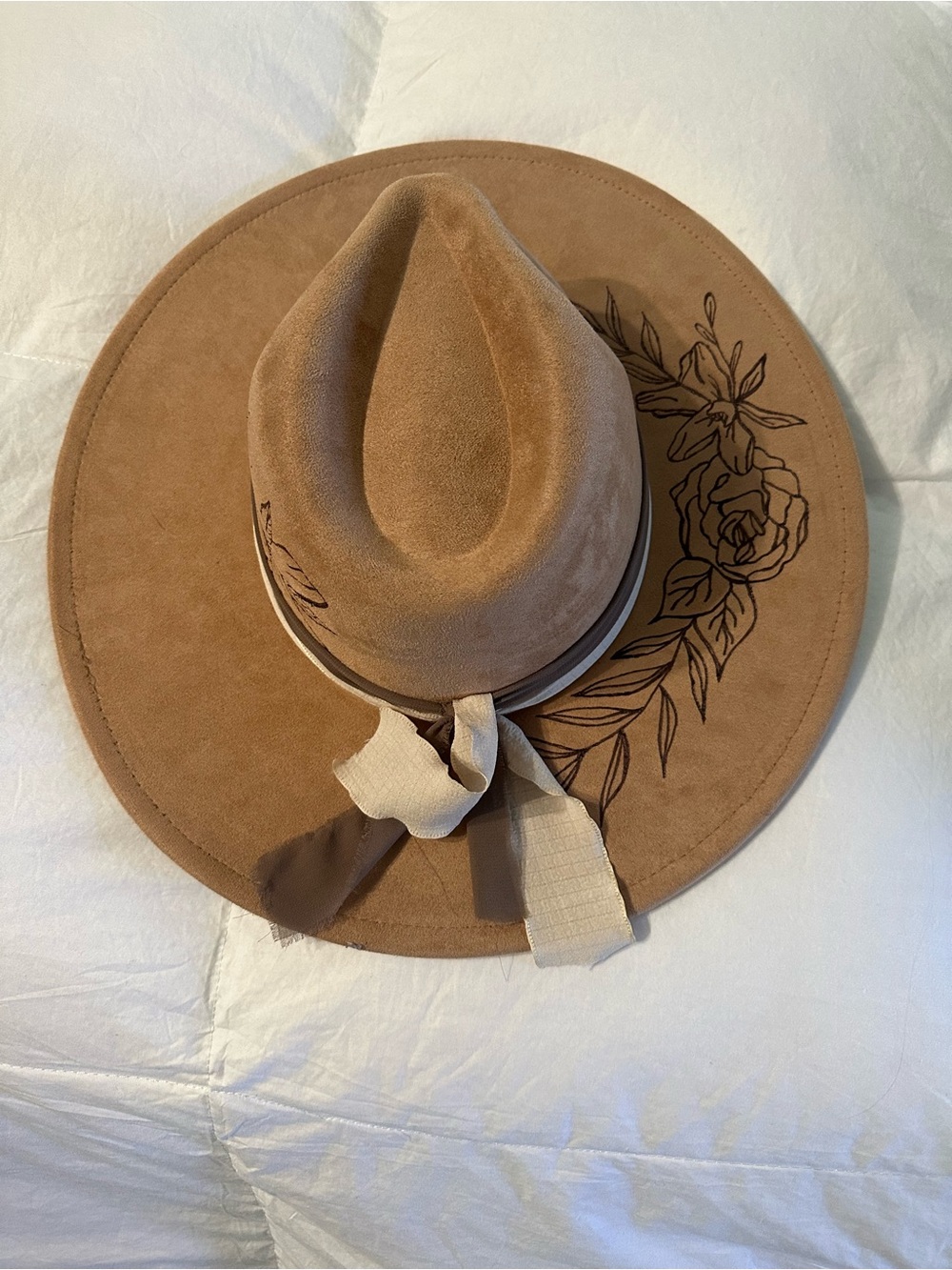 Tan Suede Wide-Brim Fedora with Floral Etching and Scarf Trim
